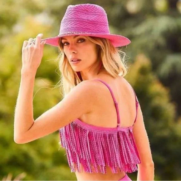 Main Strip Hot Pink Studded Fringe Crop Top - Picture 2 of 11